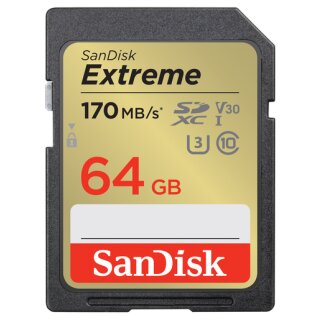 SanDisk 64 GB SDXC Extreme 170MB/s V30 UHS-I U3, Class 10 Speicherkarte